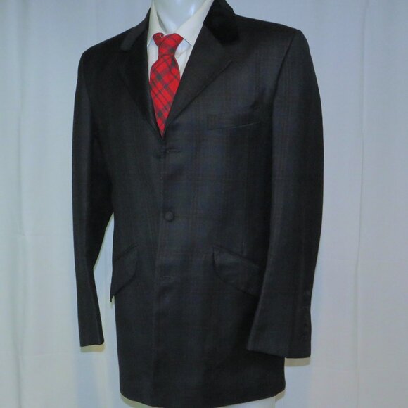 William Hunt Green Tartan Plaid Velvet Collar Three Button Long Riding Jacket L - Picture 8 of 14